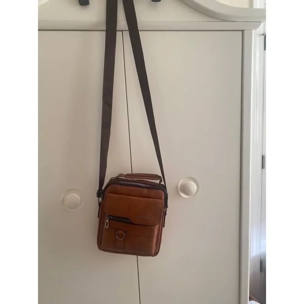 WEIXIER Men's Crossbody Bag Faux Leather Small Shoulder Bag Cognac Brown NWOT